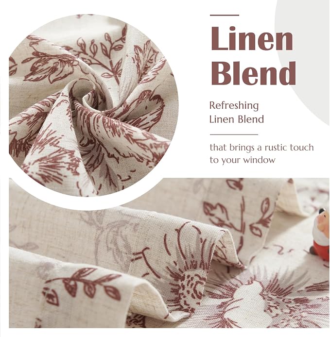 jinchan Linen Floral Tier Curtains 45 Inch Christmas Decorations Farmhouse Botanic Cafe Curtains Light Filtering Drapes for Small Windows Back Tab Half Window for Kitchen Living Room 2 Panels Red