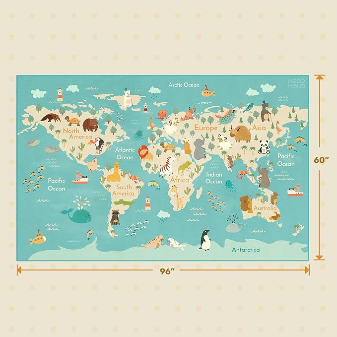 Hazo Haus Washable Large Kids Playroom Rug with Animal – 5x8 Educational World Map Area Rug for Kids Room – Non-Slip, Stain Resistant, Soft & Safe, Nursery, Classroom or Bedroom - Blue Ocean