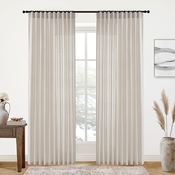 XTMYI Oatmeal Beige Country Curtains for Living Room,Sheer Linen Curtains for Bedroom 102 Inches Long,70 Inches Wide