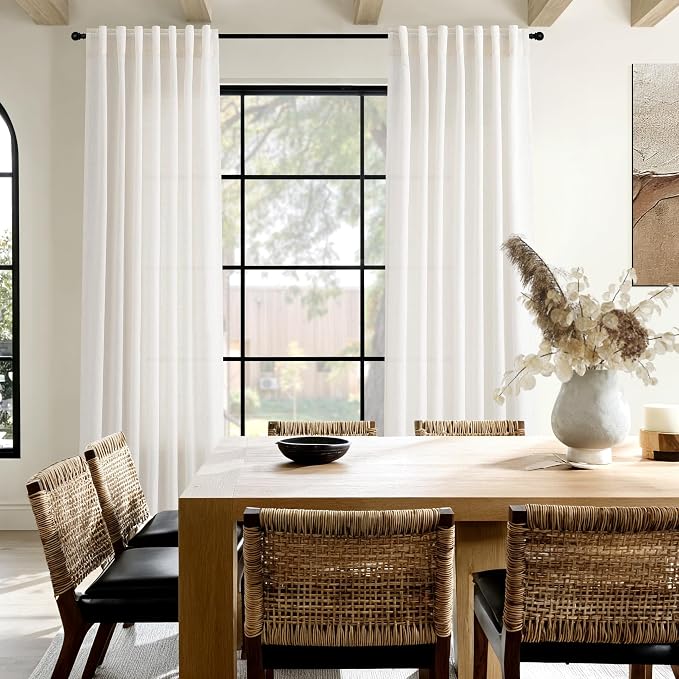 Ivory White Linen Curtains for Living Room 100 Inches Long Light Filtering Semi Sheer Curtain Back Tab Rustic Luxury Neutral Modern Farmhouse Decor Drapes for Bedroom Dinner Room 52x100, 2 Panels