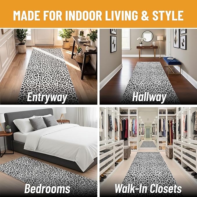 Ottomanson Aisle Runner Rug 2'7" x 36' – Soft Non-Slip Rug, Low Pile Carpet for Hallways, Events, Churches & Extra-Long Indoor Spaces, Leopard Print Black & White