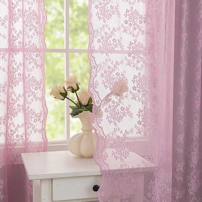YJ YANJUN Vintage Lace Curtains 72 Inches Long-Victorian Floral Pattern Lilac Sheer Curtain Panels for Living Room Bedroom,Light Filtering, Cute Girls Drapes 2 Panels 52W x 72L Purple Blush