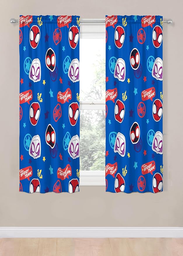 Jay Franco Window Curtains for Kids Bedroom 4-Piece Drape Set with 2 Tiebacks, Blue - Spidey & His Amazing Friends, 42" W x 63" L (Pack of 2)