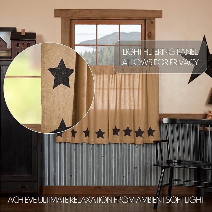 VHC Brands Burlap Natural with Black Stars Primitive 36"x36" Tier Pair Tan Rod Pocket Stenciled Cotton Kitchen Window Curtains