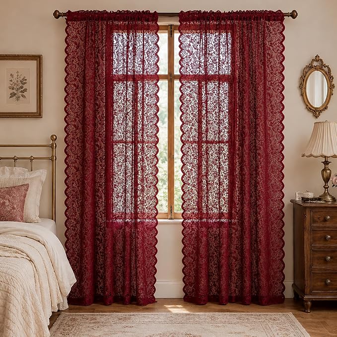 ALIGOGO Burgundy Curtains 84 Inches Long 2 Panels, Cottage Lace Sheer Maroon Curtains for Living Room, Farmhouse Rod Pocket Privacy Floral Scalloped Edges Burgundy Drapes, 52W x 84L Inch