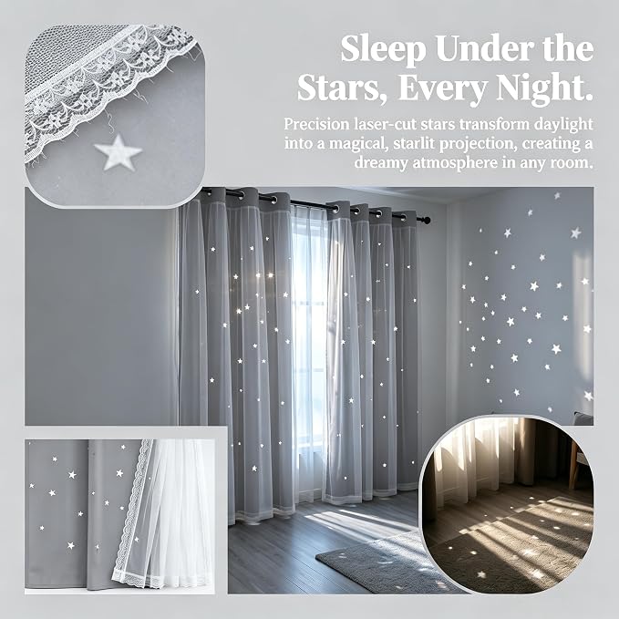 Kids Blackout Curtains for Bedroom/Living Room/Classroom, Sheer Overlay 2 Panel Set, Double Layer Curtains with Star Cutout for Kids Room(Each Piece W 70 x L 84 Inches 2 Pcs Silver Grey)