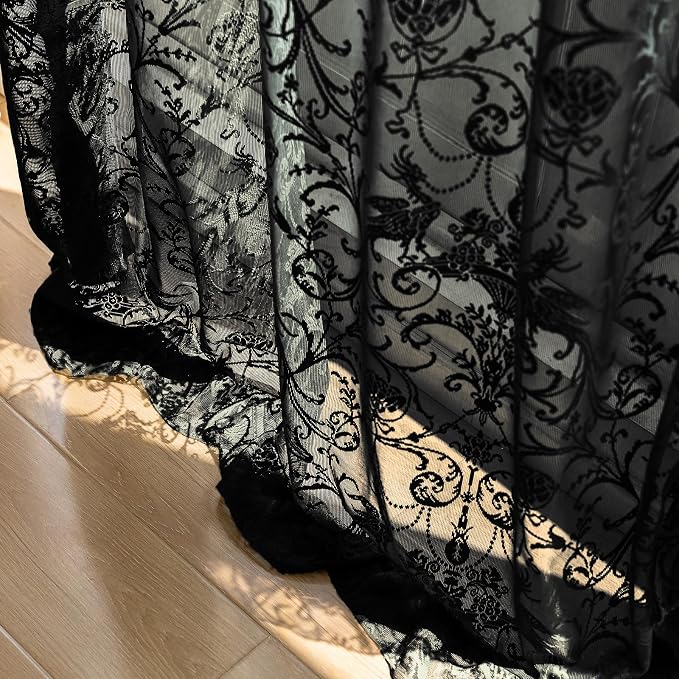 TUDECO Black Curtains 96 Inches Long - Luxury Floral Ruffled Lace Black Floral Curtains Embroidered Light Filtering Goth Victorian Decor Rod Pocket Window Treatment 2 Panles, 59 x 96 Inch