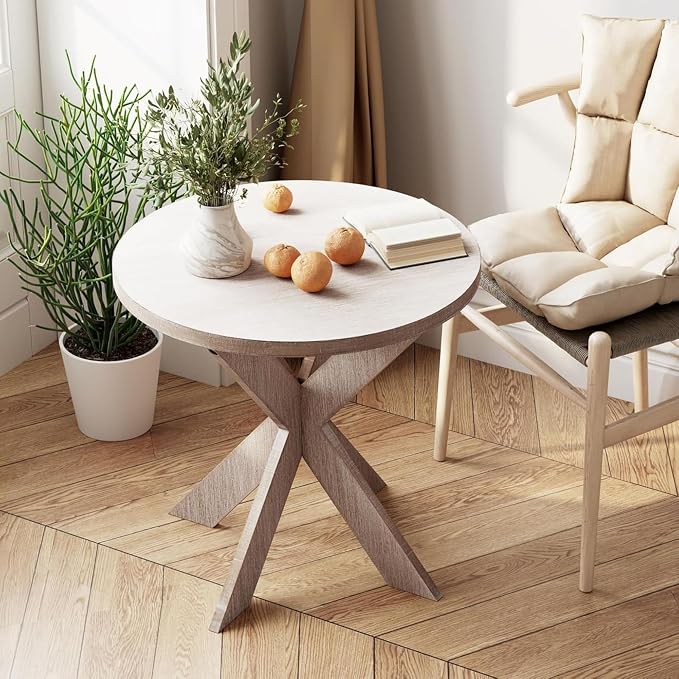 Farmhouse Cross Leg end Table, French Country Accent Side Table for Family, Dinning or Living Room, Small Spaces, Modern, Round, Vintage Grey Finish.
