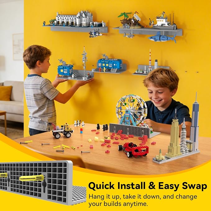 BlissBox 8-Pack Display Shelves for Wall Compatible with Lego Building Bricks, 11.3x6.3inch Dual‑Sided 36x20 Studs for Toy Brick Storage and Display, ABS Display Shelves for Room Decor, Gray