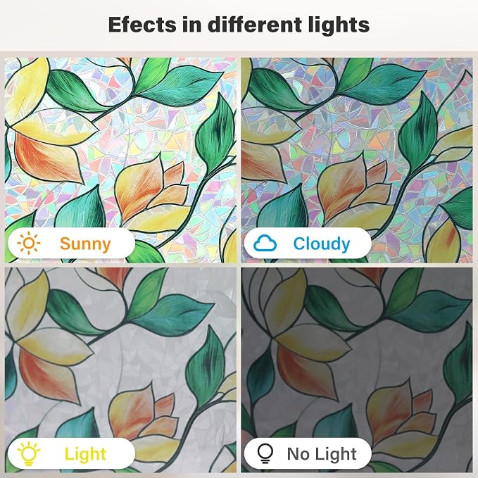 Finnez Rainbow Stained Glass Window Privacy Film, Static Cling No Glue, UV Blocking & Heat Control, Removable & Reusable for Home Office Bathroom Door (Stained Leaf, 23.6" x 78.7")