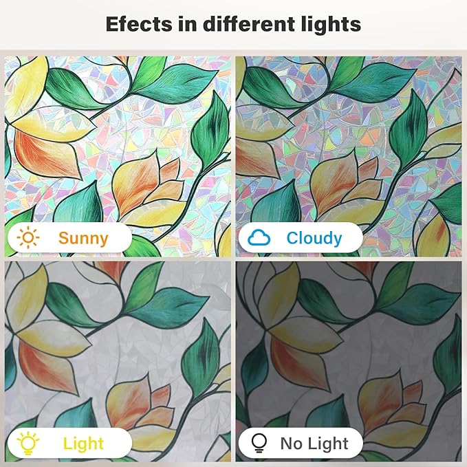 Finnez Rainbow Stained Glass Window Privacy Film, Static Cling No Glue, UV Blocking & Heat Control, Removable & Reusable for Home Office Bathroom Door (Stained Leaf, 35.4" x 157.4")