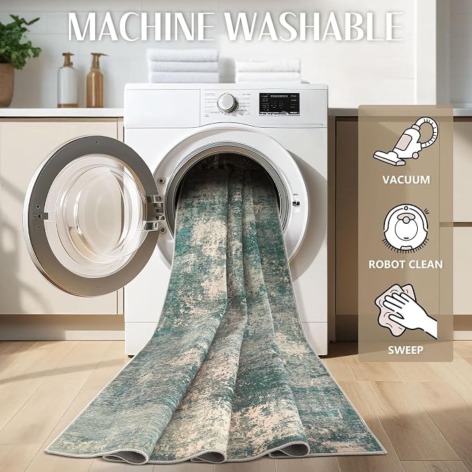 Abstract 6x9 Area Rug: Machine Washable Non Slip Ultra Thin Low-Pile Carpet, Soft Stain Resistant for Living Room Bedroom Nursery, Kid Pet Friendly, Robot Vacuum Compatible - Dark Green/Beige