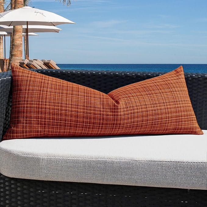 Kevin Textile Outdoor Waterproof Throw Pillow Covers 14x36 Inch Pack of 1 Woven Faux Linen Decorative Water Resistant Long Body Lumbar Cushion Covers for Tent Patio Garden Couch Sofa Burnt Orange