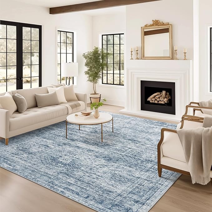 Soalmost Washable Area Rug 8x10, Large Soft Rugs for Living Room Vintage Blue 8x10 Area Rugs for Bedroom Dining Room Non-Slip Stain Resistant Under Table Rug