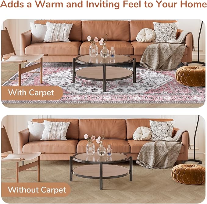 OPPODREAM Soft Area Rugs 9x12 Living Room, Washable Rugs 9x12 with Non Slip Backing, Faux Cashmere Low-Pile 9 x 12 Carpet, Pink & Cream