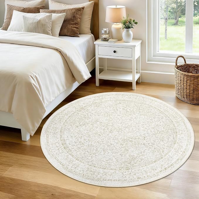 Round Rugs 4ft Vintage Floral Small Circle Rug, Washable Non Slip Soft Low Pile Stain Resistant Carpet for Living Room Bedroom Entryway Dining Room (FloralBeige, 4' Round)