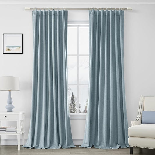Joywell 100% Blackout Linen Curtains 108 Inches Long for Bedroom High Celing Window Black Out Curtain Noise Reduction Drapes Ceiling to Floor Rod Pocket Back Tab 2 Panels Set,52 x 108,Blue