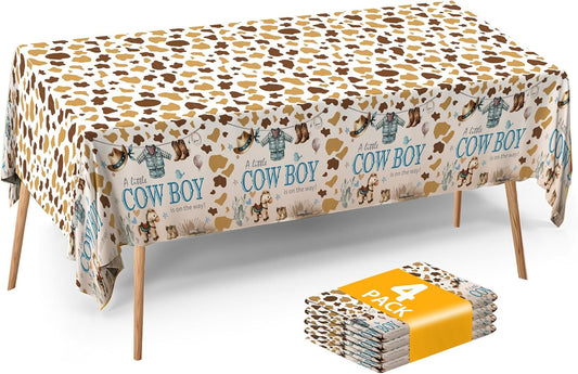 ATFUNSHOP Cowboy Baby Shower Tablecloth 4 Pack 54X108 A Little Cowboy is On The Way Western Theme Table Cover, Rustic Baby Boy Rodeo Party Decorations