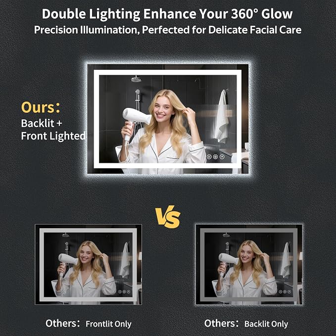 48" x 32" LED Bathroom Mirror with Lights, Backlit + Front Lit, Anti-Fog, Lighted Vanity Mirror for Bathroom Wall, Dimmable Brightness, 3 Colors, Memory Function, Shatterproof Tempered Glass