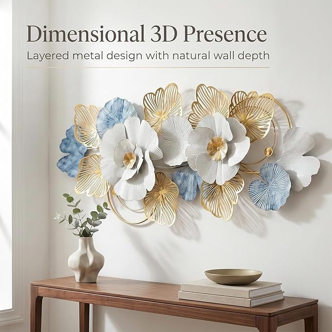 Axioglo 59" Large Wall Decor,3D Floral Metal Wall Art for Living Room | 59" x 27" metal wall decor with layered metal texture, mounting hardware, two-way display