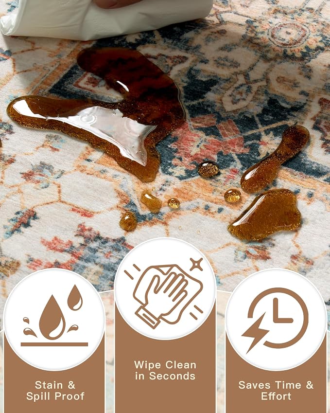 Madane Washable Runner Rug 2x6 Runners for Hallways Non Slip, Orange/Blue | Vintage Stain-Resistant 6 Feet Kitchen Rug, Soft Low-Pile Ultra-Thin Floor Carpet Mat for Bathroom Laundry Room Bedroom 2x6ft