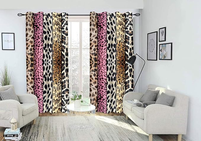 Wild Animal Print Curtain, Room Darkening Thermal Insulated Blackout Leopard Boa Window Drapes with Grommets for Living, Dining, Bedroom, Pink Leopard Print, 52"x 63", 2 Panels