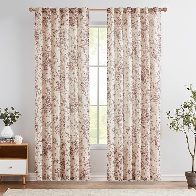 jinchan Linen Blend Curtain Floral Curtains for Living Room 90 Inch Length Farmhouse Brick Red Printed Curtain Rod Pocket Back Tab Peony Flower Patterned Drapes Curtains Set 2 Panels