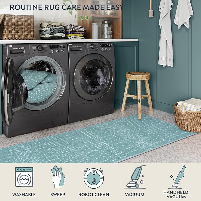 Lahome Moroccan Washable Runner Rug 2x8 Green Non-Slip Rug Runner for Hallway Stain Resisitant Kitchen Carpet, Geometric Print Distressed Soft Untra-Thin Floor Carpet for Kitchen Bedroom Entryway Hana