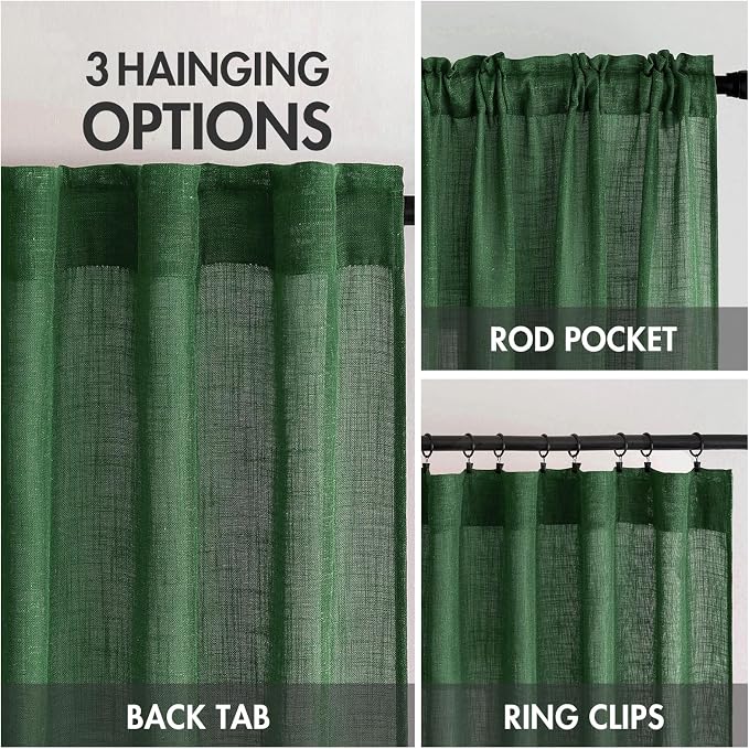 MIULEE Emerald Green Linen Curtains 108 Inches Long for Bedroom Living Room, Soft Thick Linen Textured Window Drapes Semi Sheer Light Filtering Back Tab Rod Pocket Christmas Decor, 2 Panels
