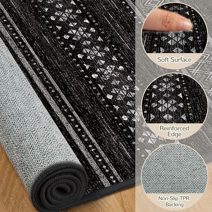BESTSWEETIE 2x3 Area Rugs for Living Room Washable Moroccan Farmhouse Neutral Geometric Low Pile Non-Slip Soft Print Pattern Rug for Bedroom Kitchen Dining Room Entryway Black/White