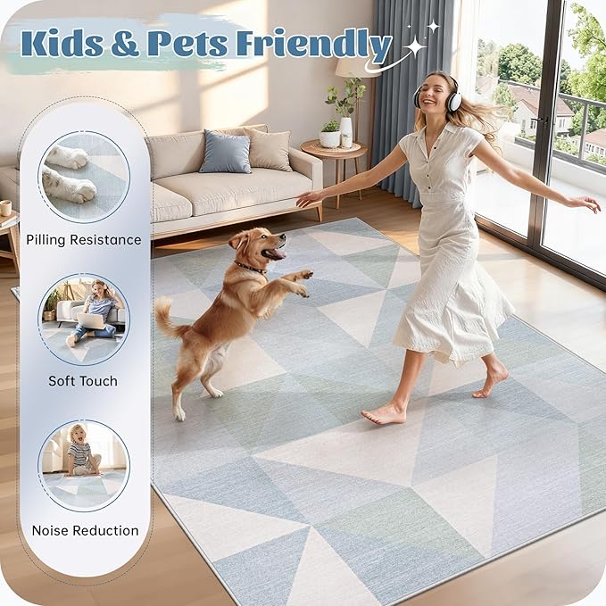 Washable Rug 5x7 Area Rugs: Modern Geometric Area Rug for Living Room Non-Slip Neutral Soft Carpet Low Pile Stain Resistant Indoor Rugs for Bedroom Nursery Dining Room Office (Light Blue, 5'X7')