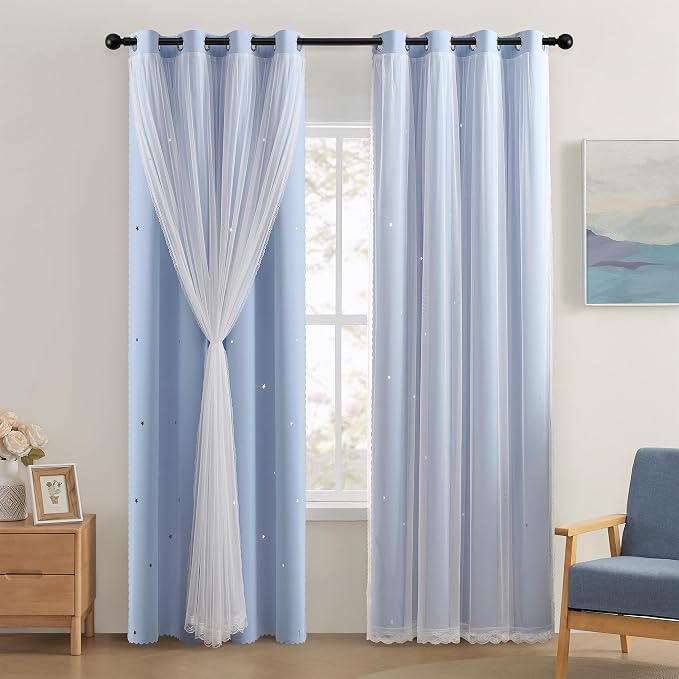 XiDi Star Blackout Curtains for Living Room 96 inches Long Thermal Insulated Grommet Room Darkening Window Treatments Sound Reducing Drapes for Bedroom Girls Nursery Kids 2 Panels, W34 x L96