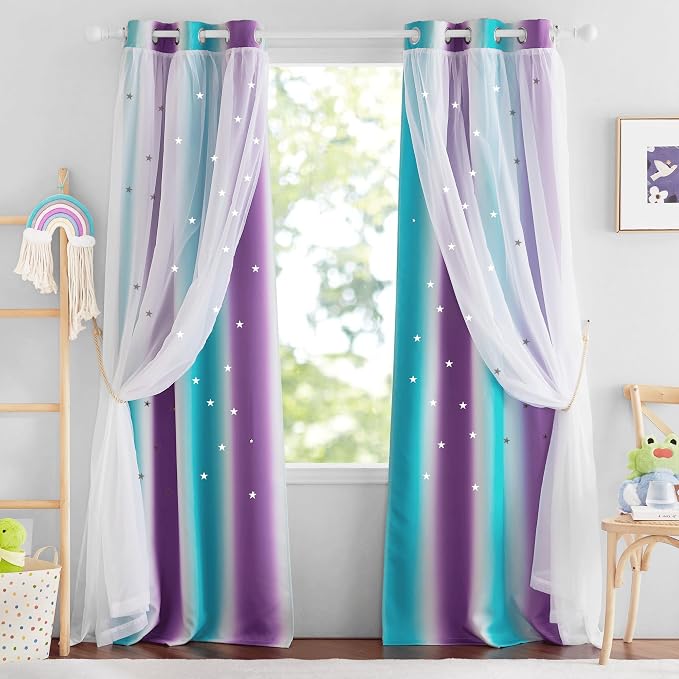 NICETOWN Star Cut-Out Blackout Curtains for Bedroom 2 Panels,2-Layers Mix Design of Fabric & Tulle, Kids Window Curtain for Nursery Living Room,W34 x L84, 2 Panels, Teal & Purple