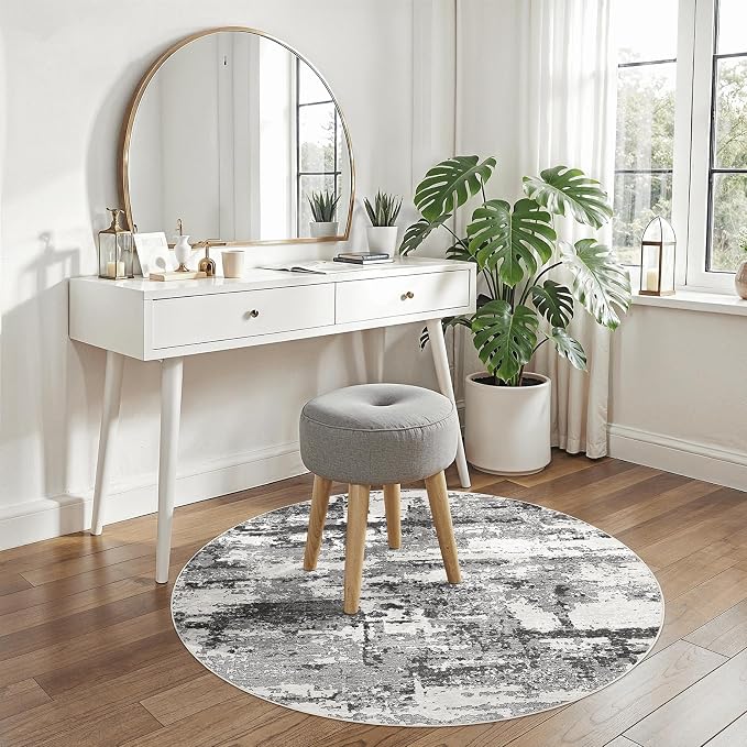 4ft Round Area Rugs for Living Room: 4x4 Abstract Washable Rug Modern Large Soft Stain Resistant Non-Slip Backing Machine Table for Bedroom Dining Room Indoor Home Office Carpet - Black Grey