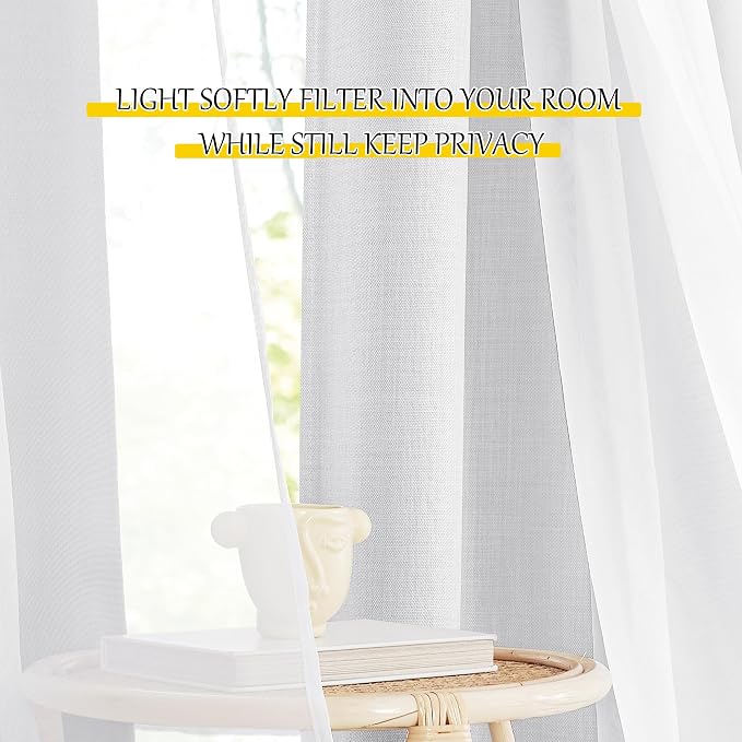 NICETOWN Double Layer Lined Curtains with Sheer Overly, Farmhouse Style Linen Blend Light Filtering Room Darkening Curtains for Kids Room, Bedroom Curtains (2 Panels, W52 x L84, Greyish White)