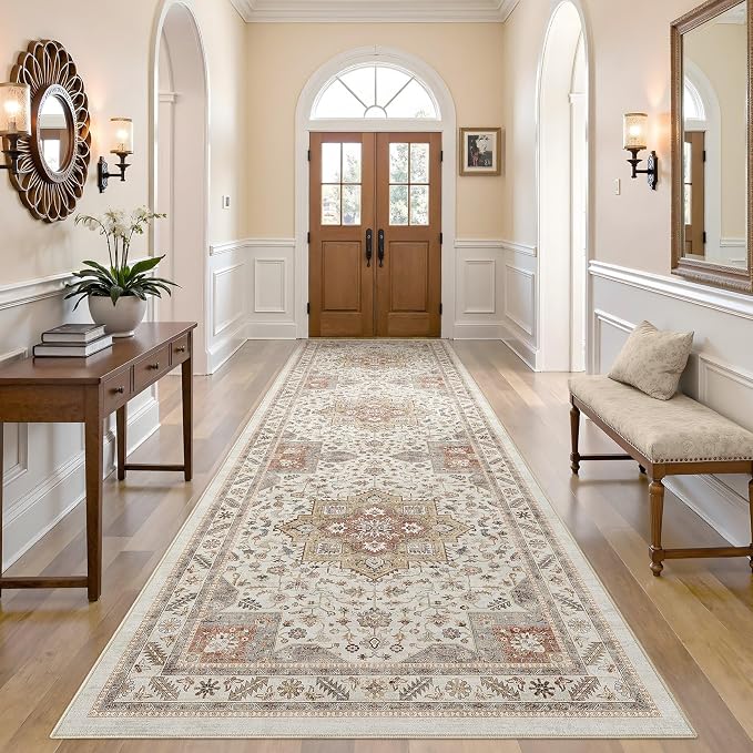 Vintage Hallway Runner Rug 3x10: Large Soft Washable Entryway for Kitchen Laundry Room Non-Slip Backing Runner for Entrance Living Room Bedroom Bathroom - Orange