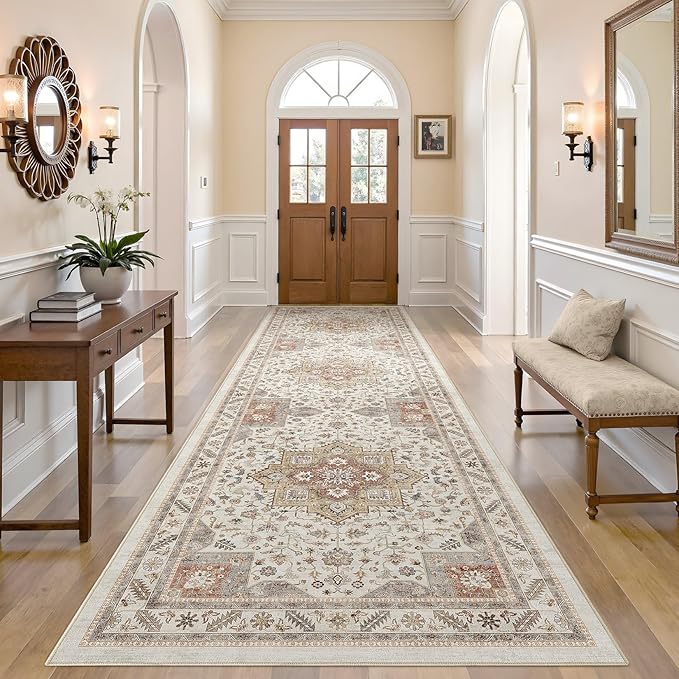 Vintage Hallway Runner Rug 3x12: Large Soft Washable Entryway for Kitchen Laundry Room Non-Slip Backing Runner for Entrance Living Room Bedroom Bathroom - Orange