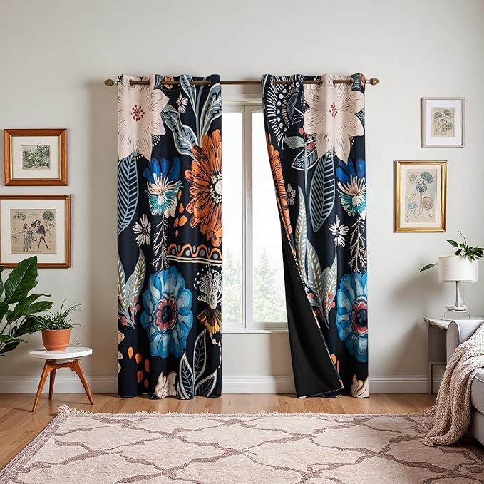 Boho Floral 100% Blackout Curtains for Bedroom 96 inch Long 2 Panels Mid Century Vintage Botanical Patterned Black Out Curtains for Living Room Thermal Insulated Room Darkening Window Drapes,52x96
