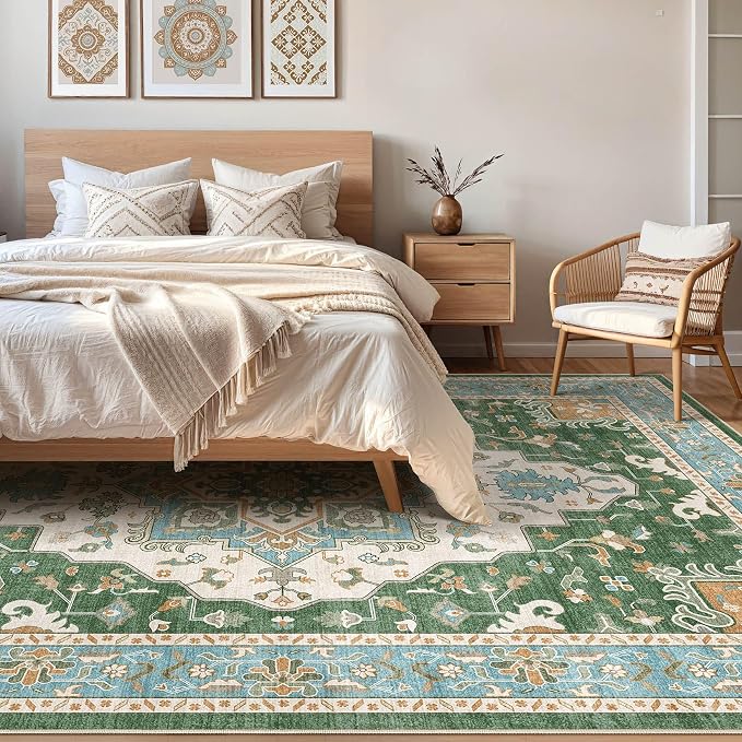 8x10 Area Rugs Living Room: Washable Boho Large Neutral Vintage Soft Rug Stain Resistant Farmhouse Non-Slip Indoor Floor Retro Carpet for Bedroom Nursery Kids Office Dining Room- Green Multi