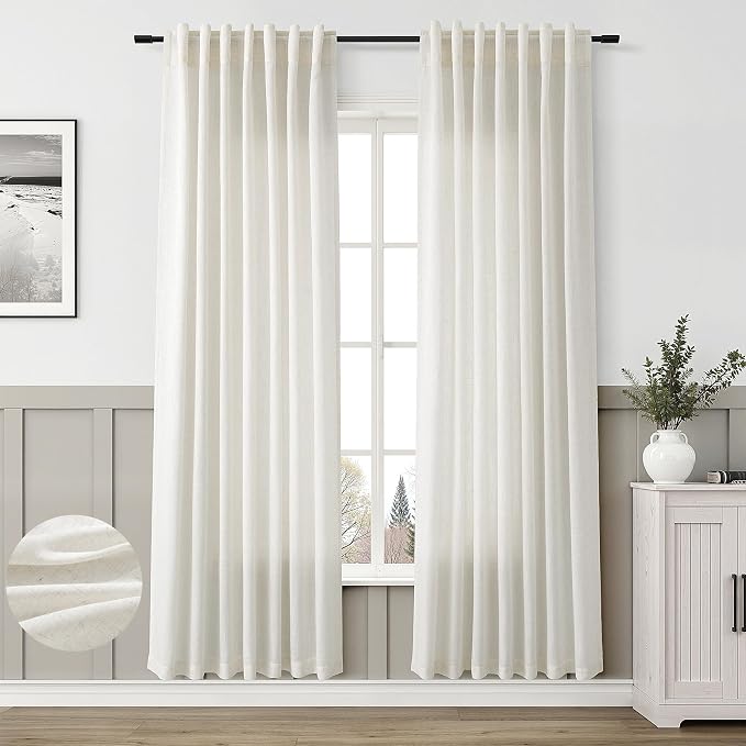 Aersas Cream Linen Curtains 80 Inches Long for Living Room Natural Linen Curtain Back Tab Rod Pocket Semi Sheer Privacy Rustic Boho Farmhouse Neutral Ivory Drapes Bedroom Office 52x80, 2 Panels