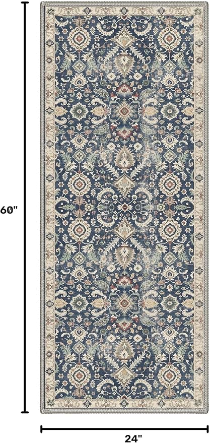 Bavni 2x5 Rug Runners for Hallways, Washable Runner Rug Non Slip, Vintage Floral Floral Rugs for Bedroom, Lightweight Low Pile Carpet for Hallways Bathroom, Muted Navy