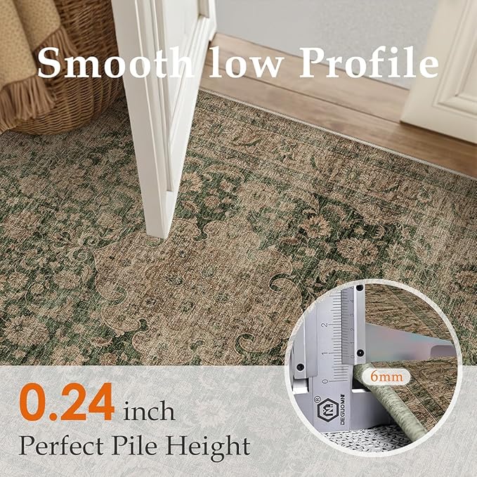 6x9 Washable Area Rug Green Brown Vintage Non Slip Soft Low Pile Rug for Living Room Bedroom Dining Room Office Distressed Oriental Indoor Throw Carpet for Home Decor