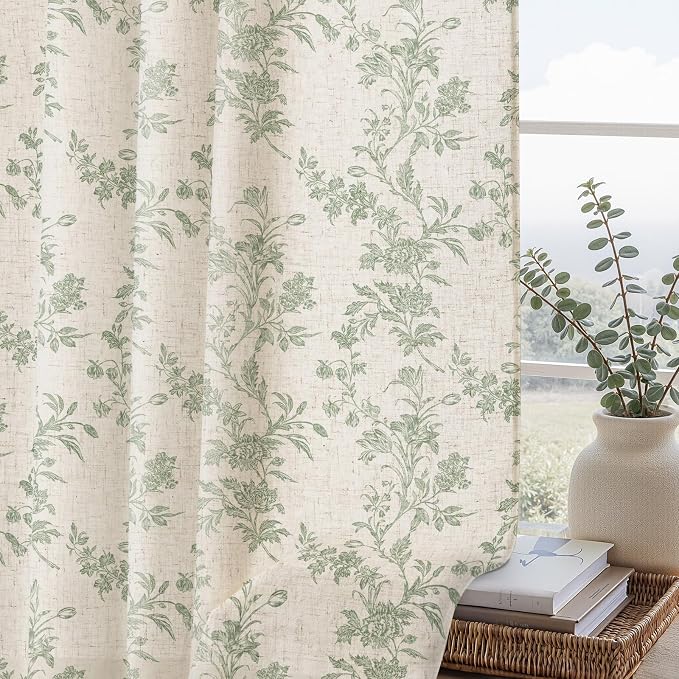 Sage Green Floral Curtains 84 Inch, Light Filtering Linen Texture Drapes 2 Panels, Farmhouse Vintage Curtains for Bedroom Living Room Rod Pocket