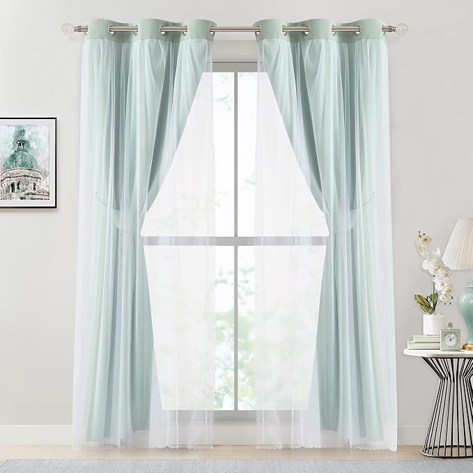 Bujasso Aqua 80% Blackout Curtains with Sheer Overlay Mix and Match Double Layer Thermal Insulated Window Panels 84 inch for Living Room Bedroom Mint Green Drapes with Tiebacks Grommet Top 37"Wx84"Lx2