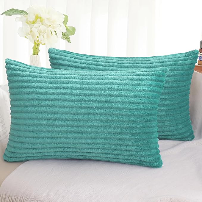 Simmore Decorative Fall Throw Pillow Covers 12x20 Set of 2, Soft Plush Flannel Double-Sided Fluffy Rectangle Pillow Covers for Couch Sofa Living Room, Aqua Haze