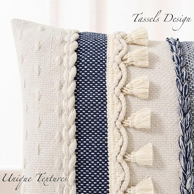Kevin Textile 12x20 Inch Lumbar Throw Pillow Cover 1 Pack Boho Decorative Cotton Thread Woven Textured Tassel Rustic Farmhouse Rectangle Cushion Cover for Couch Sofa Chair Bed, Blue