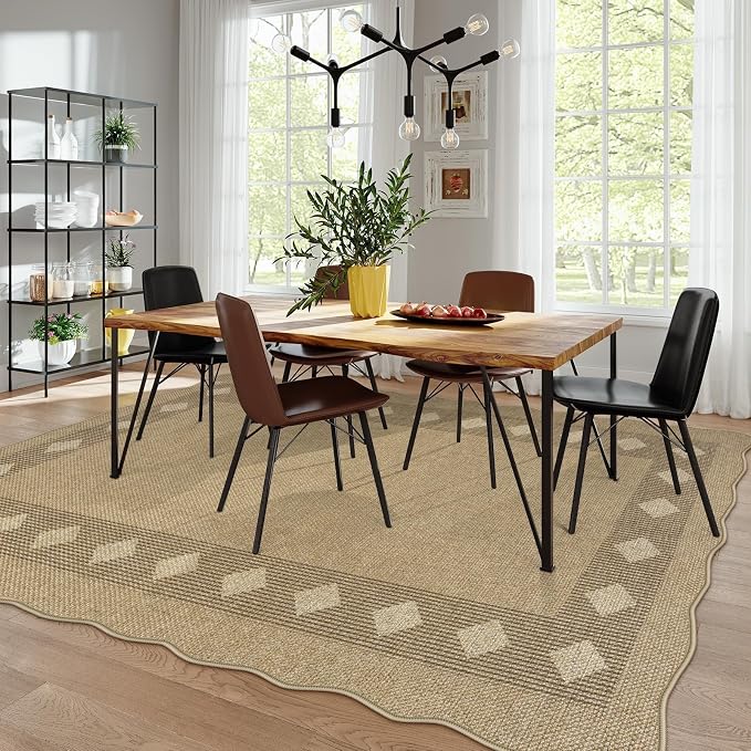 LIVEBOX Scalloped Easy Jute Diamond Outdoor Rug Living Room, Washable 8x10 Farmhouse Tan Rug for Bedroom, Geometric Checkered Indoor Outdoor Rugs Dining Room Mat Carpet Area Rug for Patio Home Office