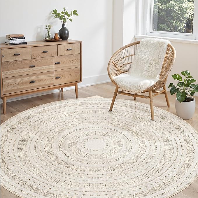 cotiled 6x6 Round Area Rugs Living Room Rug: Washable Boho Rugs with Non Slip Backing Large Soft Indoor Stain Resistant Carpet for Bedroom Farmhouse Dining Room Lightweight Home Decor Brown/Cream