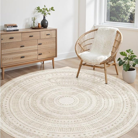 cotiled 6x6 Round Area Rugs Living Room Rug: Washable Boho Rugs with Non Slip Backing Large Soft Indoor Stain Resistant Carpet for Bedroom Farmhouse Dining Room Lightweight Home Decor Brown/Cream