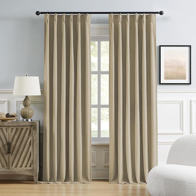 DUALIFE Luxury Blackout Curtains for Bedroom 96 Inches Long Taupe, Pinch Pleated Linen Blend Farmhouse 100% Blackout Thermal Insulated Drapes with Hooks for Track System 2 Panels W40xL96